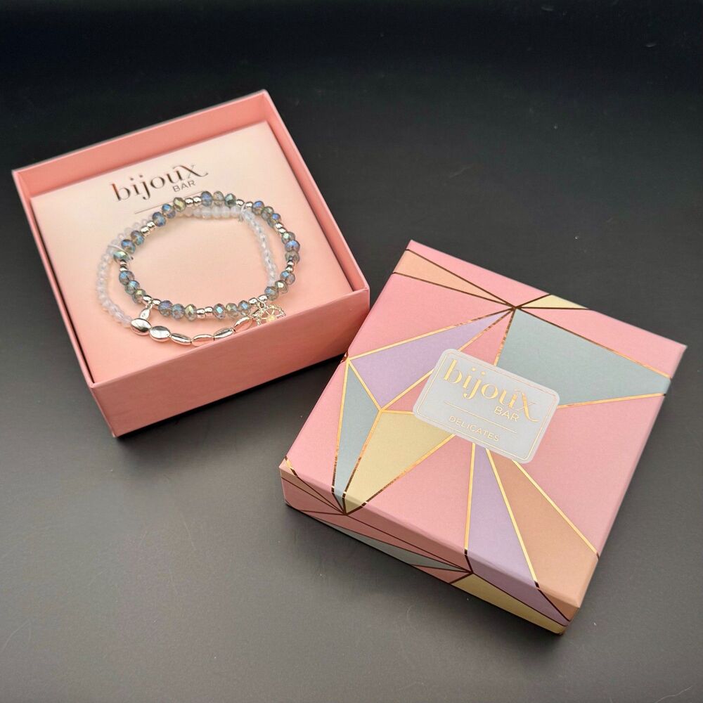Bijoux Bar Delicates 2 pc Glass Beaded Bracelet Blue/Silver tone New Gift Box